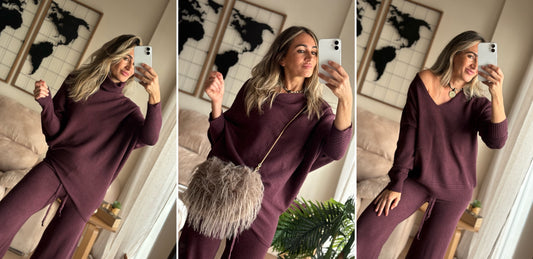 Conjunto Oslo berenjena: jersey cuello alto, oversize y cuello pico