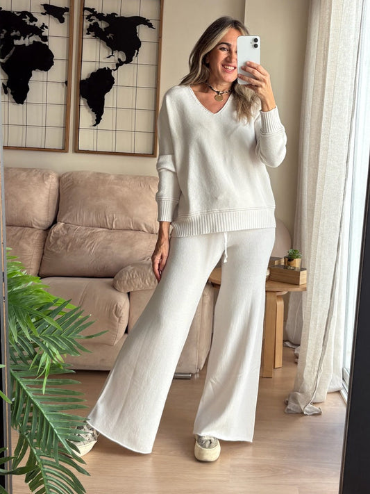 Pantalón Oslo de punto, pernera ancha en color crema – Pilar Martín Shop