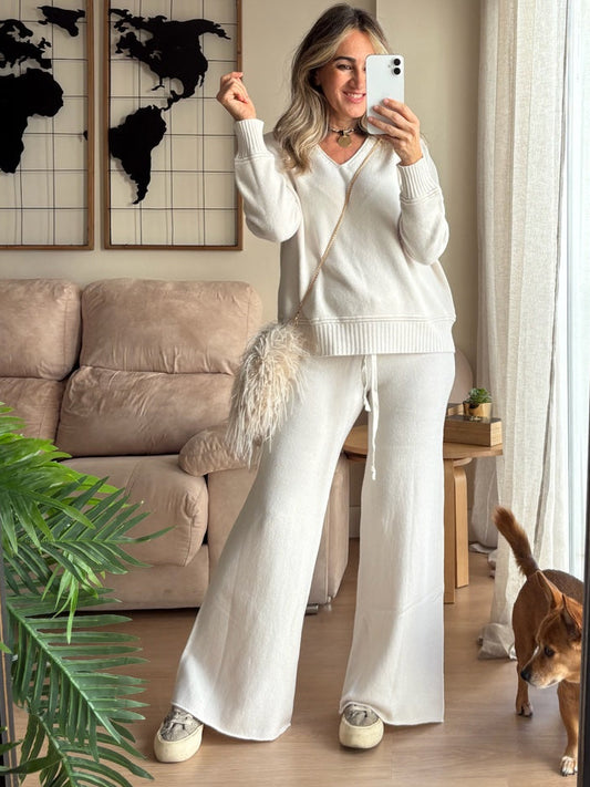 Pantalón Oslo de punto, pernera ancha en color crema – Pilar Martín Shop