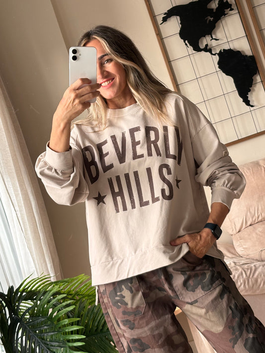 Sudadera crema con letras Beverly Hills